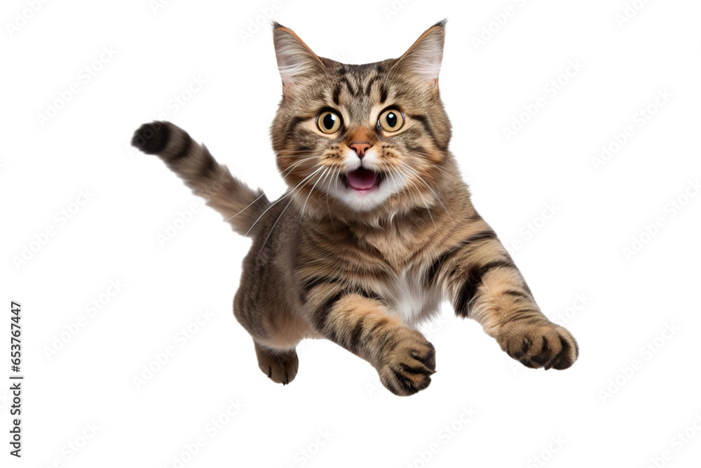 Obraz premium a beautiful tabby cat jumping full body on a white background studio shot