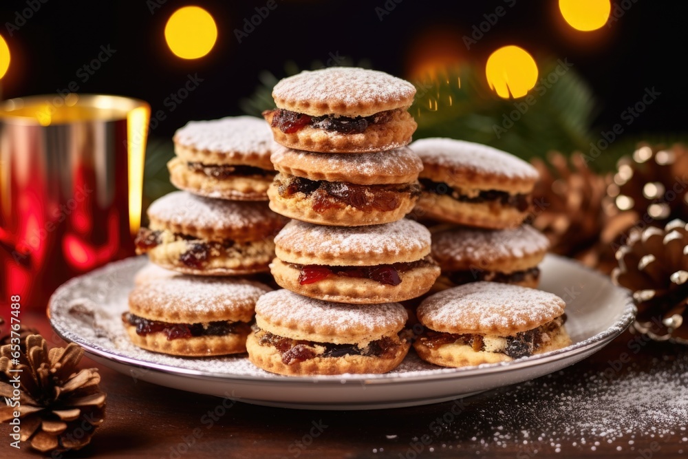 mince pies stacked on festive serving plate mince pies stacked on festive serving plate