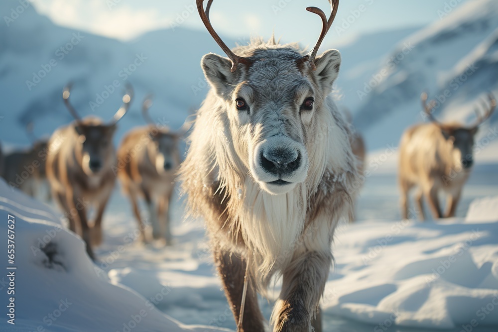 Sami people herding reindeer in a snowy, traditional nomadic way of life,Generated with AI Sami people herding reindeer in a snowy, traditional nomadic way of life,Generated with AI