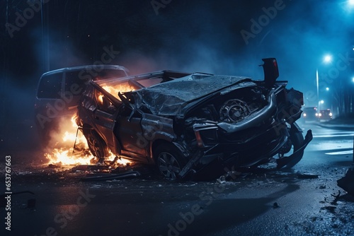 Severe car accident resulting in a completely wrecked vehicle generative ai photo