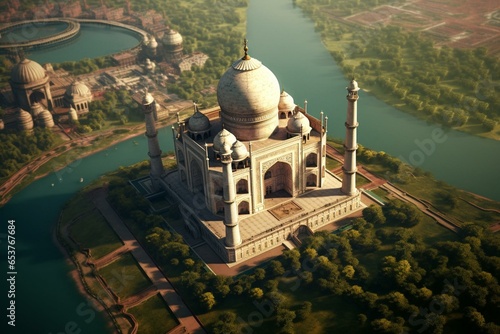 Bird's-eye perspective of Taj Mahal. Generative AI