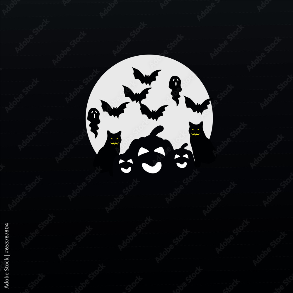 Halloween night background, pumpkins , cats, bats  vector illustration.