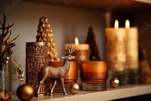 reindeer figurine standing between candles on a shelf