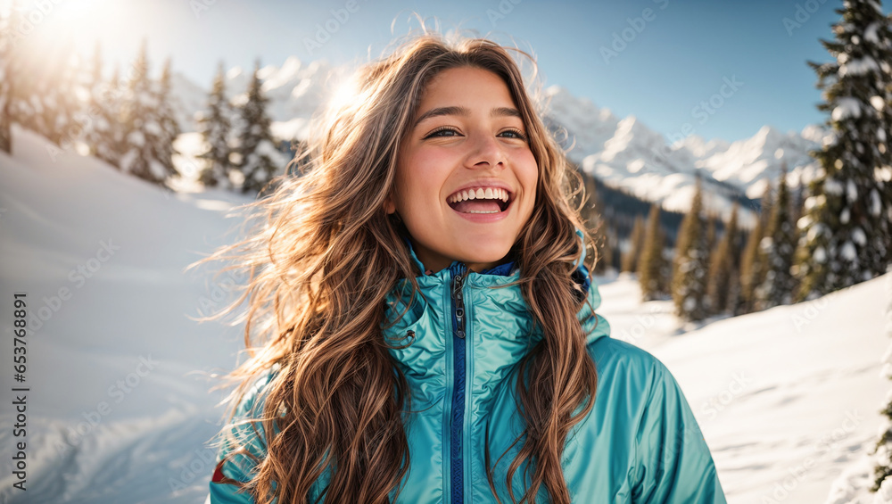 Portrait of a beautiful girl in ski clothes against a background of mountains, snow Portrait of a beautiful girl in ski clothes against a background of mountains, snow