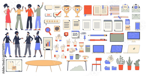 Corporate, workplace and office elements in retro tiny person collection set. Business stationary items, work management tools and employee teamwork assets vector illustration. Company job supplies.
