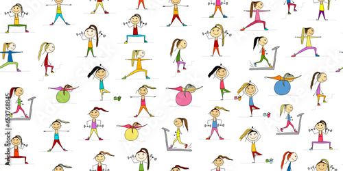 Girls doing sport exercises. Seamless pattern. Fitness background