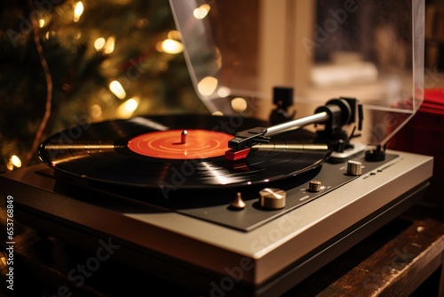 a record player spinning a vinyl of christmas carols