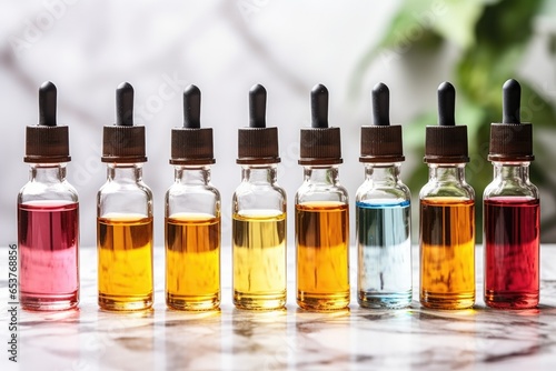 a set of serums in glass bottles with droppers