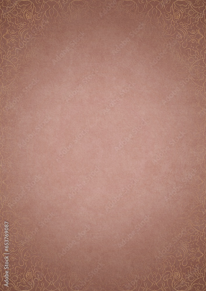Fototapeta premium Pale pink textured paper with vignette of golden hand-drawn pattern on a darker background color. Copy space. Digital artwork, A4. (pattern: p07-1e)