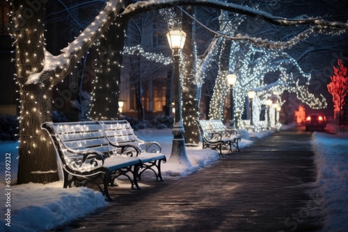 Photo icy benches twinkling under cascading christmas lights