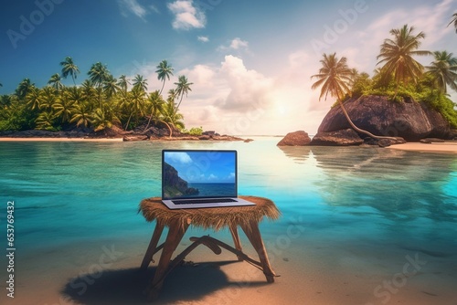 Remote work on a beautiful tropical island with a laptop and breathtaking scenery. Generative AI © Matej