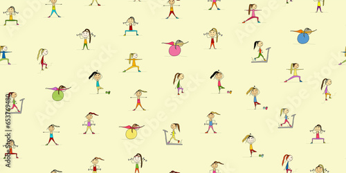 Girls doing sport exercises. Seamless pattern. Fitness background