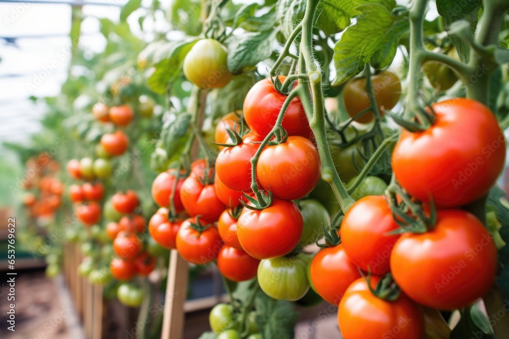 fresh tomatoes hanging on a vine in a greenhouse