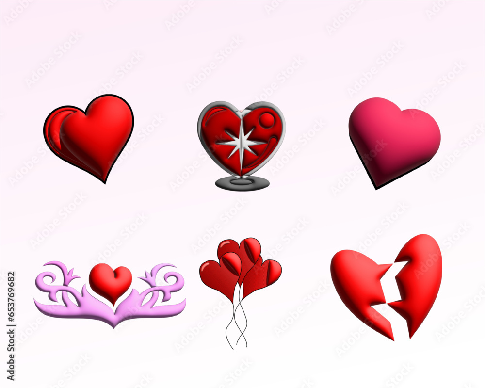 3D Illustration of six different red and pink hearts. These hearts are well for Valentine's day.