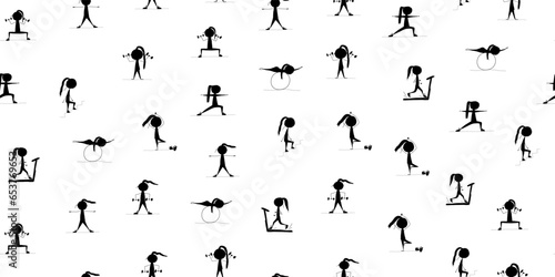 Girls doing sport exercises. Seamless pattern. Fitness background