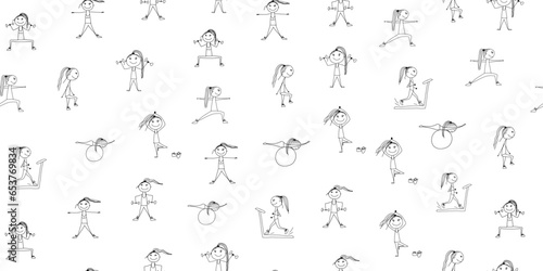 Girls doing sport exercises. Seamless pattern. Fitness background