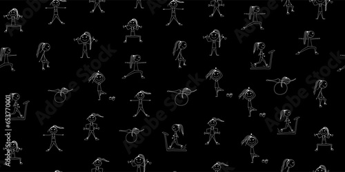 Girls doing sport exercises. Seamless pattern. Fitness background