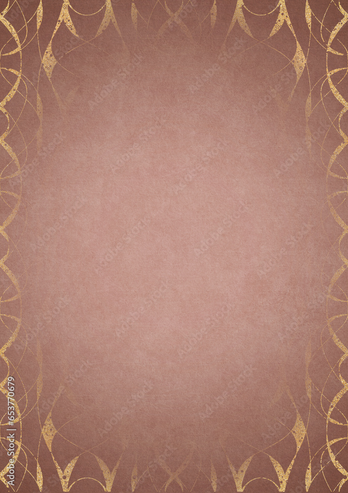 Pale pink textured paper with vignette of golden hand-drawn pattern on a darker background color. Copy space. Digital artwork, A4. (pattern: p10-3e) Pale pink textured paper with vignette of golden hand-drawn pattern on a darker background color. Copy space. Digital artwork, A4. (pattern: p10-3e)