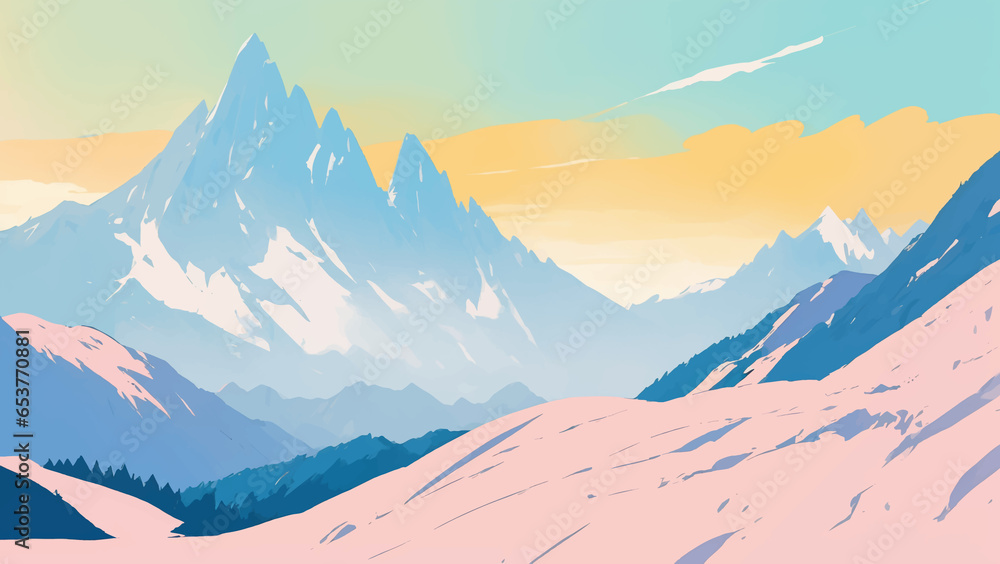 Snowy Mountains Landscape during Dawn or Dusk with Pastel Colors Hand Drawn Painting Illustration