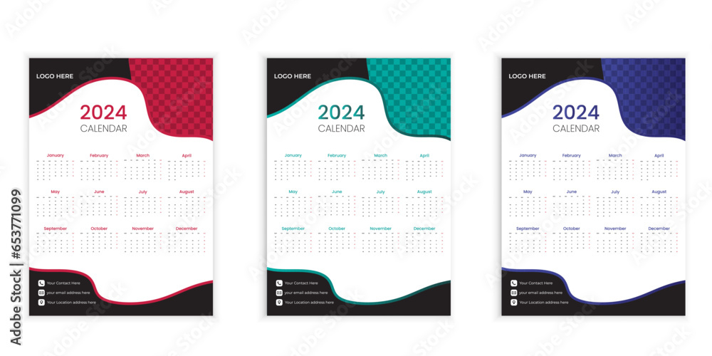 Simple editable vector calendars for year 2024 Week starts from Sunday ...