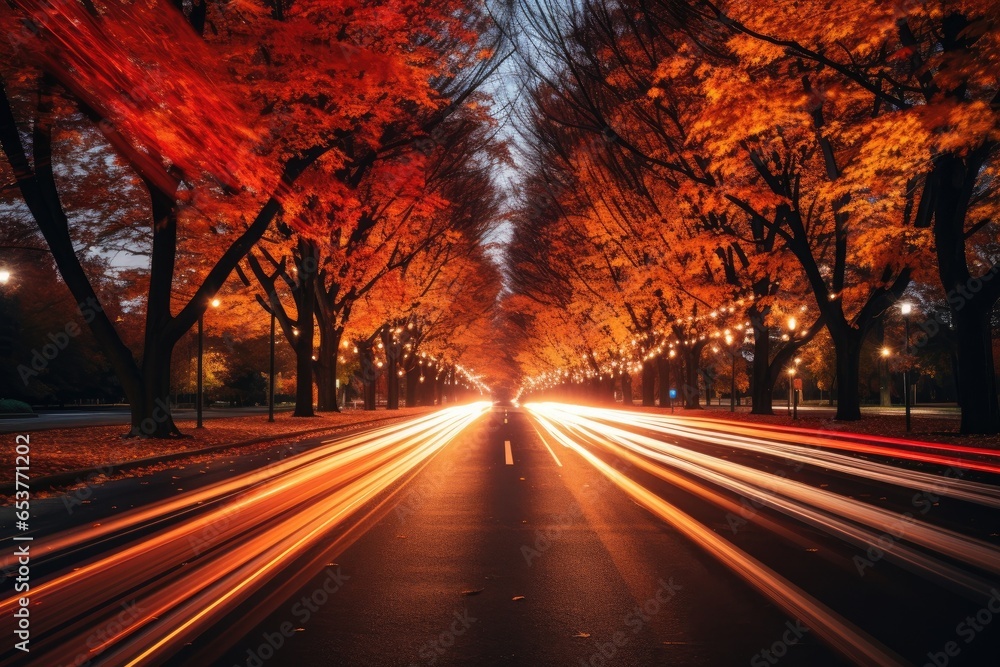 mesmerizing time-lapse of traffic winding through tree-lined avenues, as the leaves change from green to fiery red - Generative AI