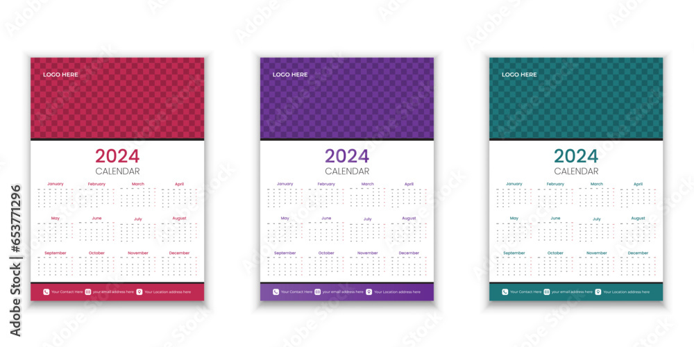 Simple editable vector calendars for year 2024 Week starts from Sunday. Isolated vector illustration on white background.