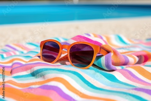 a pair of funky sunglasses on a beach towel