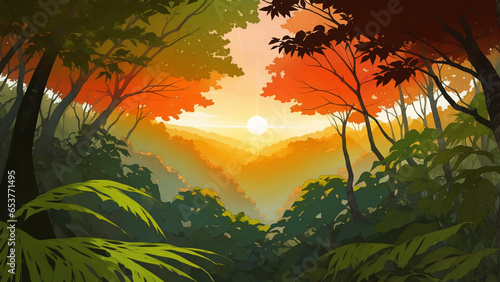 Dense Jungle Rainforest Nature Scenery at Dawn or Dusk Detailed Hand Drawn Painting Illustration