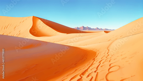 Desert with Dunes and Canyons Detailed Hand Drawn Painting Illustration