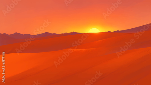Desert with Dunes and Canyons at Dawn or Dusk Detailed Hand Drawn Painting Illustration