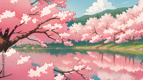 Lake Surrounded by Sakura Trees Cherry Blossoms Hand Drawn Painting Illustration