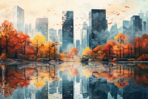 Urban skyscrapers surrounded by a sea of autumn foliage, their reflections dancing on the surface of a serene city pond - Generative AI