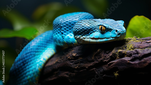 Blue viper snake on branch, viper snake, blue insularis, Trimeresurus Insularis, Made with generative ai