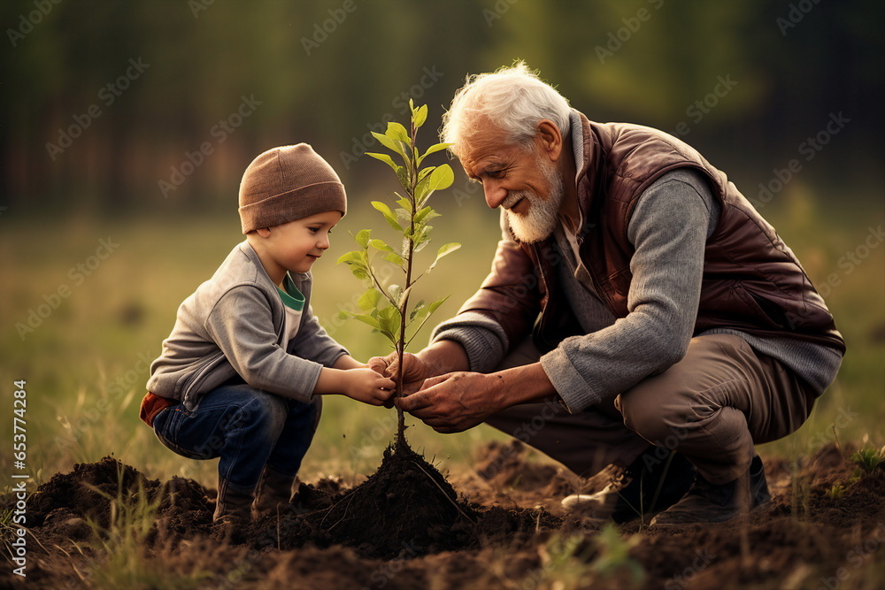 old man plant tree with child boy - obrazy, fototapety, plakaty 