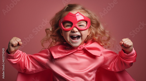 Superhero girl in pink costume. 