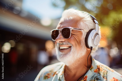 old man listening music with headphones on street