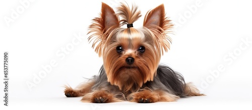 Yorkshire Terrier post haircut and grooming rests on white background