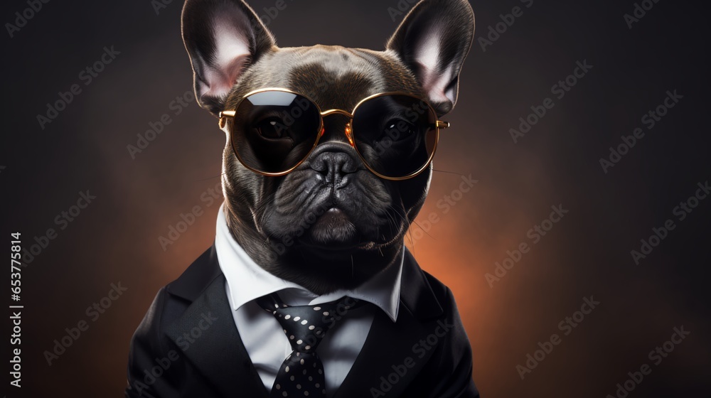 A French Bulldog, Frenchie dog wearing sunglasses and dressed in a suit in studio, proud and majestic, The Boss, professional portrait studio, heavy bokeh, dog dressed like human, generated ai A French Bulldog, Frenchie dog wearing sunglasses and dressed in a suit in studio, proud and majestic, The Boss, professional portrait studio, heavy bokeh, dog dressed like human, generated ai