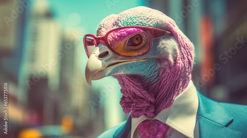 A Turkey wearing a suit & eyeglasses on a city street photo