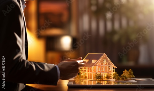 Life like real estate model sits on desk, lit and beautiful. A man stands in front his hands pointing out the features and beauty. AI Generated. 