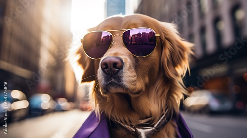 A golden retriever dog wearing sunglasses and dressed in a suit on a city street, proud and majestic, The Boss, tall buildings in the background, heavy bokeh, a dog dressed like a human, generated ai