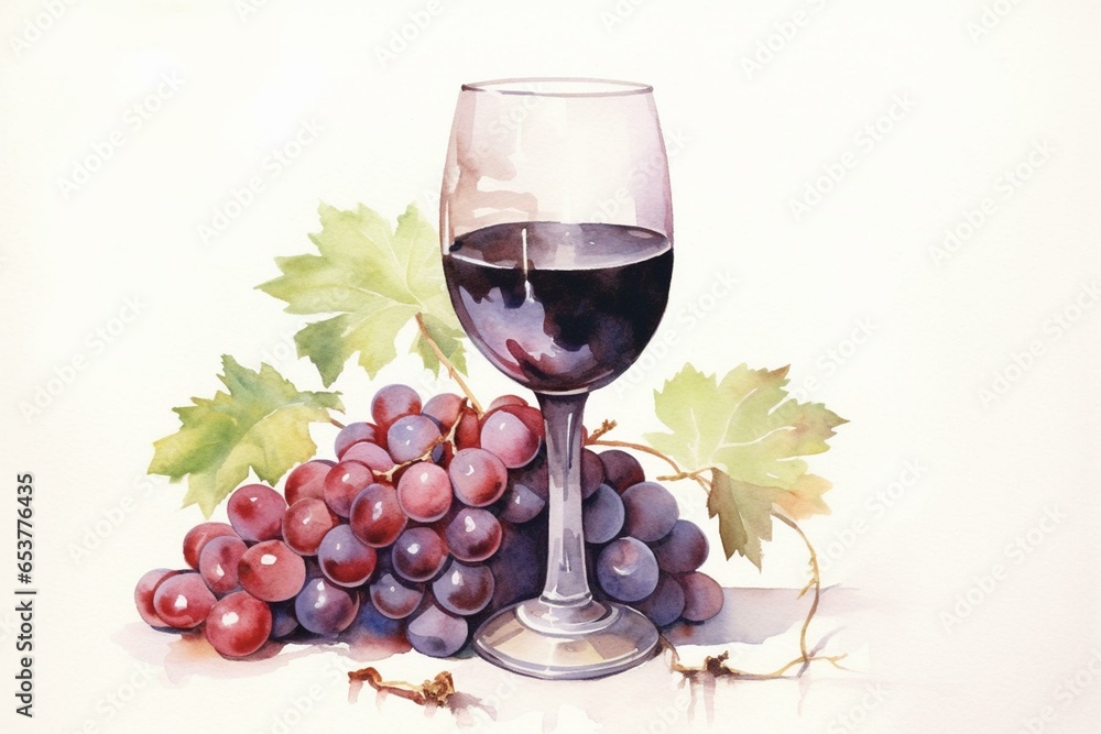 Watercolor painting of red wine glass, grapes, and leaves on white background. Generative AI