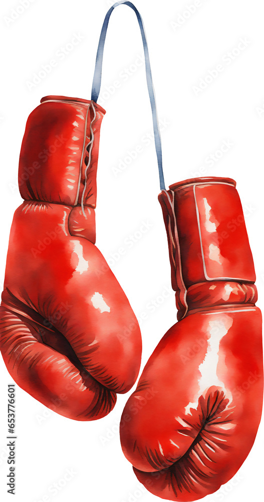 Pair of Boxing Gloves with Lace Isolated Hand Drawn Watercolor Painting Illustration