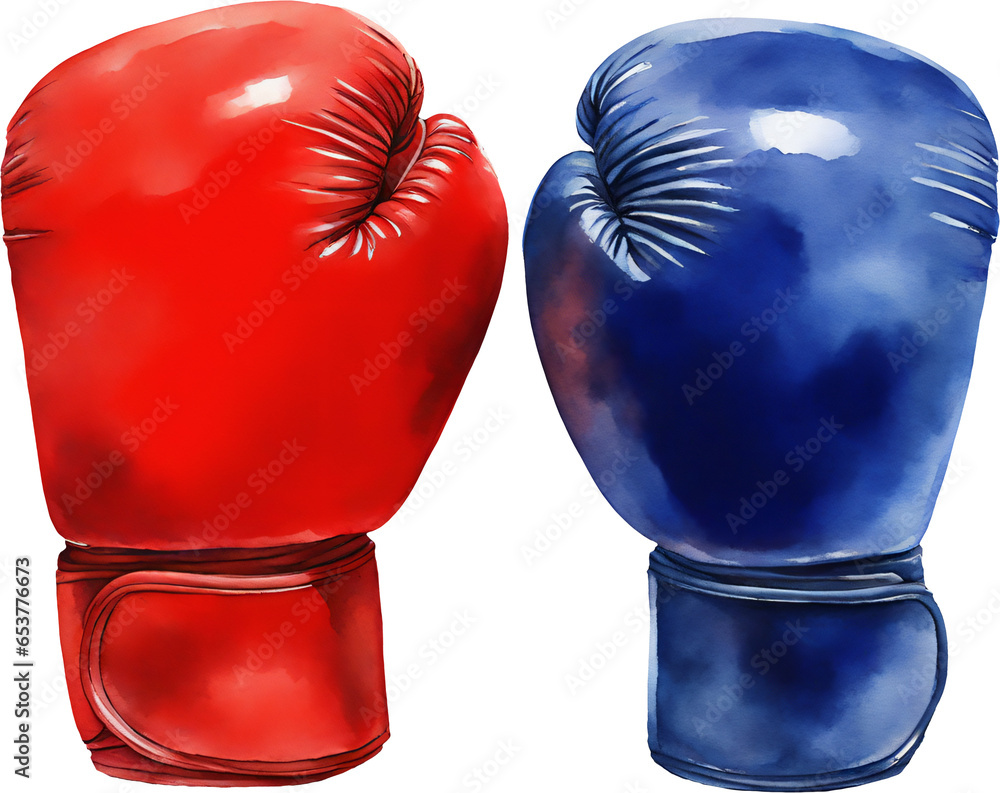 Red and Blue Boxing Gloves Isolated Hand Drawn Watercolor Painting Illustration