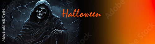 Grim reaper Haunted over dark misty background with copy space Vivid Halloween wallpaper background