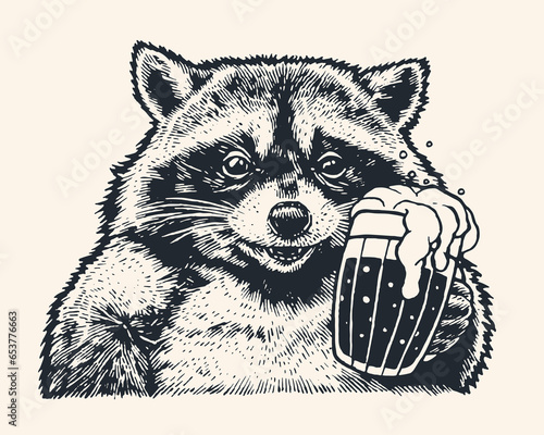 Cheerful fat raccoon with a mug of beer. Hand drawn character, vector illustration