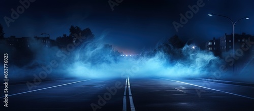 Desolate backdrop with neon glow Blue street veiled in smoke
