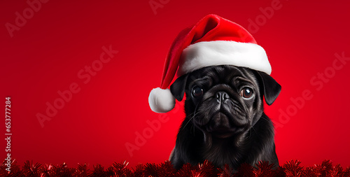 Santa claus pug dog on red background - Christmas winter photography photo
