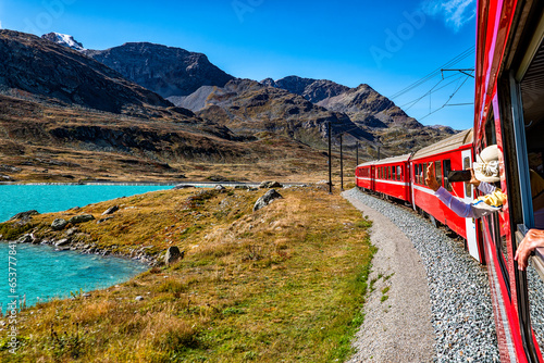 Red train of Bernina in the Swiss alps
