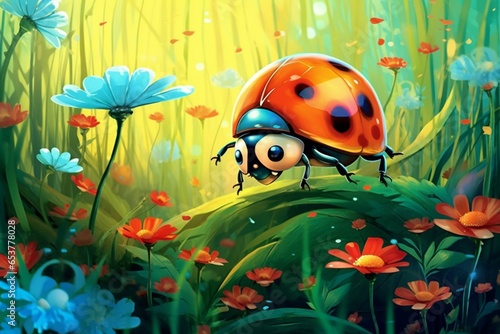 Ladybug on field with flowers and leaves. Generative AI